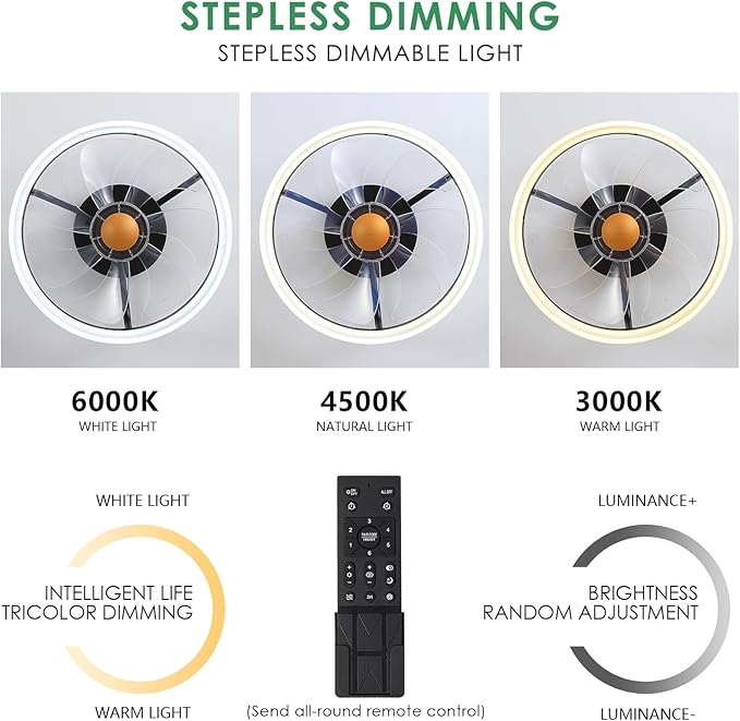 Ceiling Fans with Lights and Remote - Flush Mount Low Profile Ceiling Fans - 13” Bladeless Enclosed Ceiling Fans with Led Light and Stepless Dimming, Small Modern Ceiling Fan for Bedroom