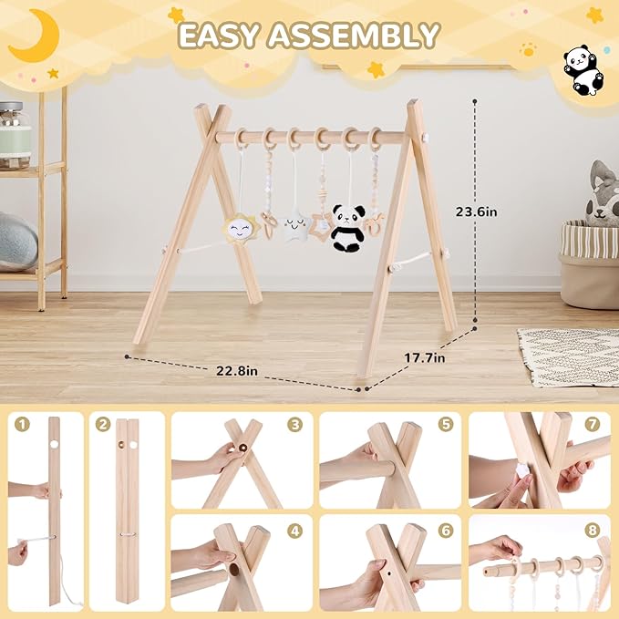 Baby Play Gym with Mat – Wooden Montessori Gym for Newborns 0-12M,Natural Pine Wood with 6 Sensory Toys,Foldable & Portable (Koala)