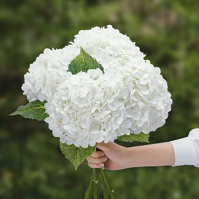 Waipfaru 21" Real Touch White Hydrangea Artificial Flowers with Long Stem & Leaves, Full Latex Faux Hydrangea Flowers for Home Party Decor Floral Arrangements Wedding Bouquets Centerpieces, 2Pcs