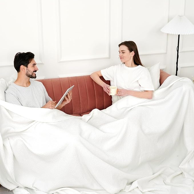 PHF Pre-Washed Cotton Waffle Weave Family Blanket,Oversized King Size 120"x 120"-Snag Proof Lightweight Breathable, 10'x 10' Huge Extra Large Big-Elegant Aesthetic Home Decoration Gift,Cream