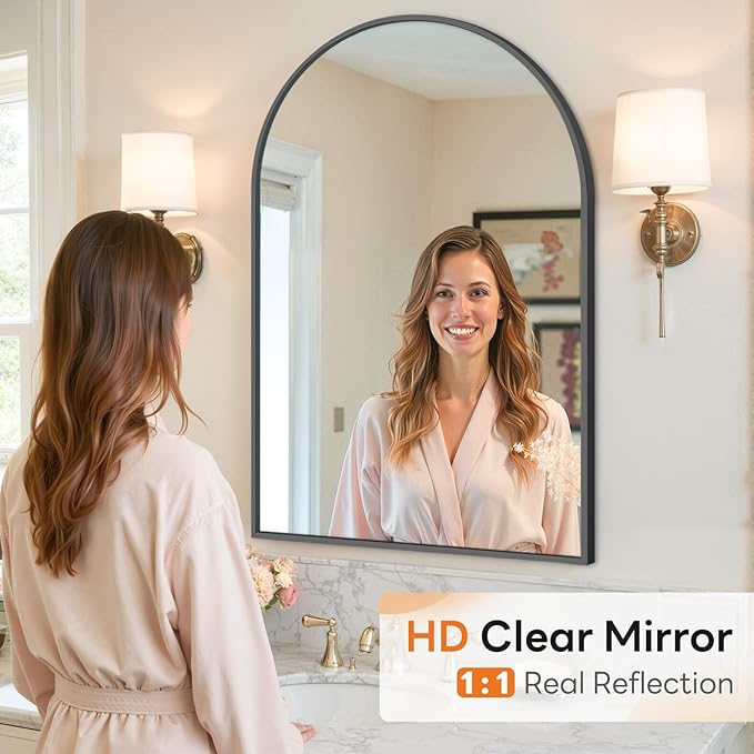 Sweetcrispy Arched Bathroom Mirror 38x26 Inch Black Metal Framed Arch Vanity Mirror for Wall, Over Sink, Farmhouse, Restroom, Anti-Rust, Modern Decorative, Hanging or Leaning