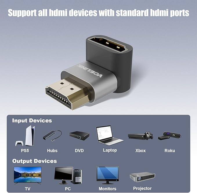 VCELINK HDMI Right Angle Adapter 8K@60Hz, 90 Degree HDMI Adapter Male to Female, HDMI 2.1 Cable with 4K@120Hz, HDR, eARC for for HDTV Switch Laptop PS4 PS5 Xbox, 2-Pack