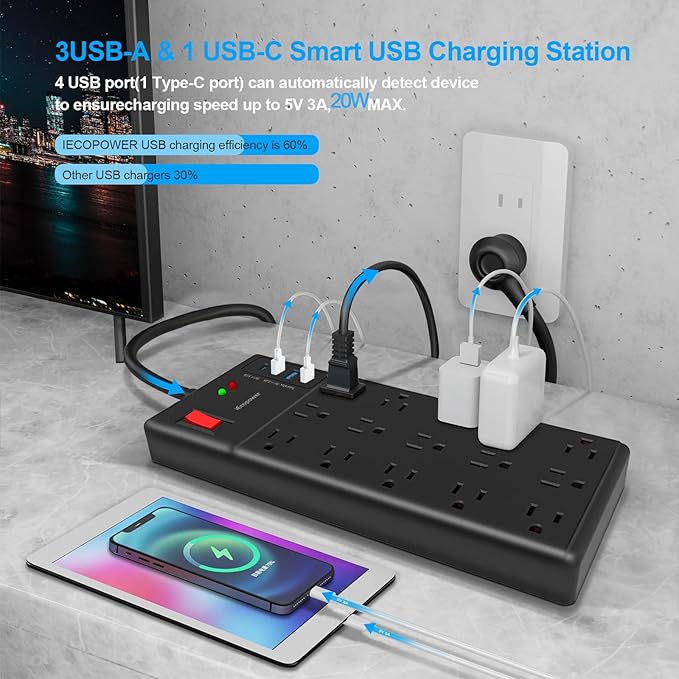Surge Protector Power Strip 10 ft cord-15 Widely Spaced Outlets and 4 USB Ports(1 USB C Port),14 AWG Extension Cord,1875W/15A Heavy Duty Power Strip Surge Protector 10 ft Cord,2800J,Black