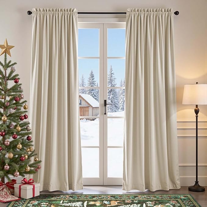 Lazzzy Velvet Blackout Curtains Thermal Insulated Room Window Drapes Super Soft Luxury Curtains for Living Room Bedroom Rod Pocket 2 Panels, Beige, 42" W x 84" L