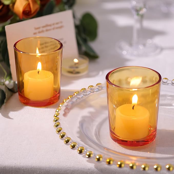 LETINE 36pcs Amber Votive Candle Holders - Glass Tea Light Candle Holders for Fall Table Decor,Boho Wedding Centerpieces, Boho Decor, Ideal for Halloween & Thanksgiving Decorations Indoor