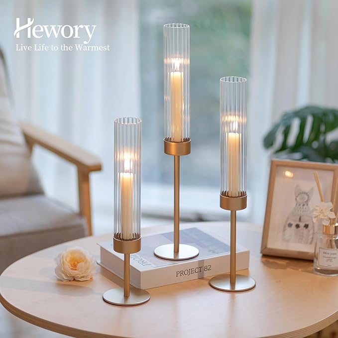 Hewory Gold Hurricane Candle Holders: Brass Candlestick Holders Set of 6 Tall Taper Candle Holders for Candlesticks Candle Sticks Holder Decor for Table Centerpiece Wedding Party Christmas Decorations