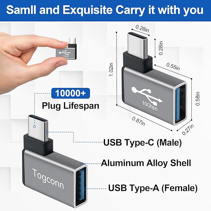 90 Degree USB C to USB Adapter 10Gbps, 2 Pack Right Angle Type-C (Male) to USB-A (Female) Converter Support Charge & Data Transfer Compatible with iPhone 16 15 Series, Computers, Tablet, Laptop