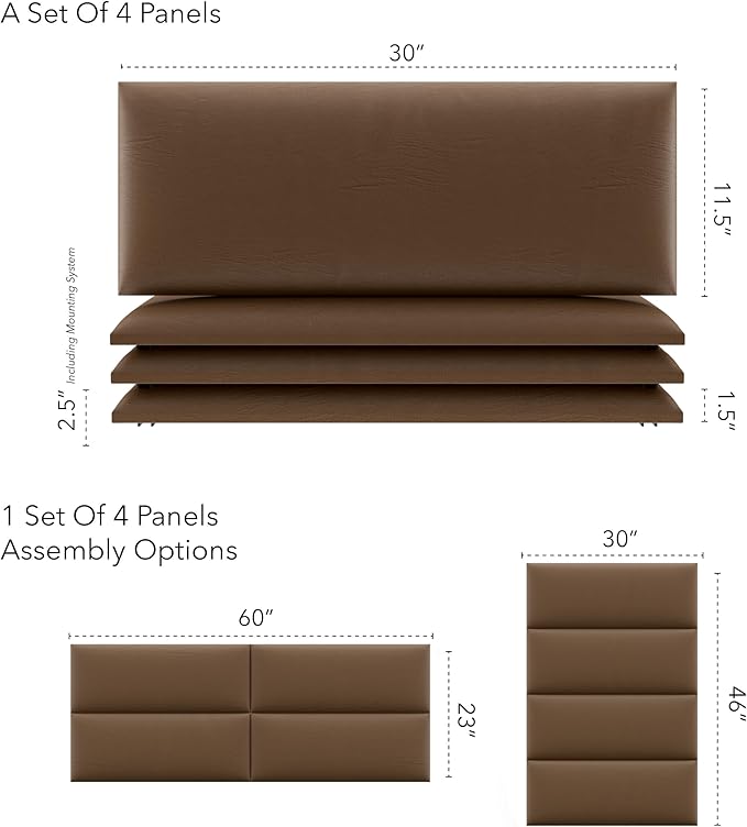 Vänt Upholstered Wall Panels - Queen/Full Size Wall Mounted Headboards - Vintage Leather Cognac - Set of 4 Panels (Each Individual Panel 30"x11.5")