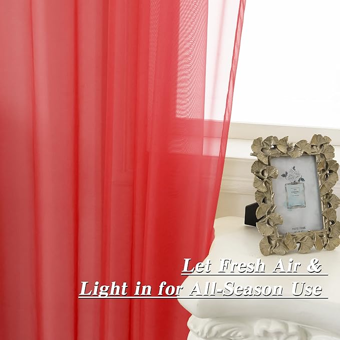 HUTO Christmas 2 Panels Red Sheer Window Curtains 52 by 72 Inches Long Rod Pocket Voile Curtains Sheer Panels Drapes for Bedroom Living Room