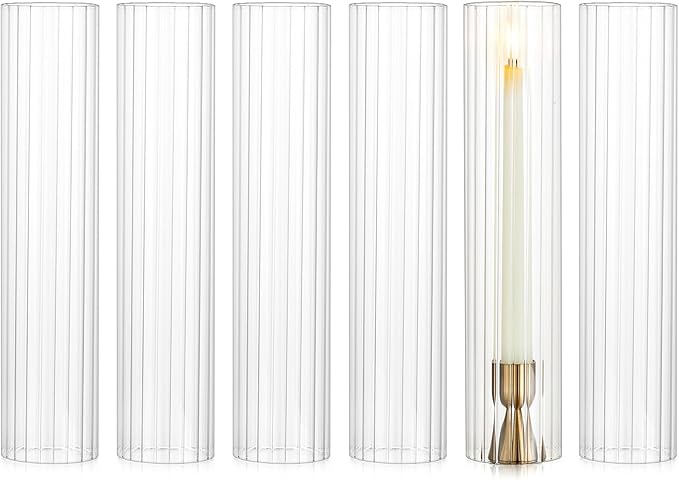 NUPTIO Hurricane Candle Holder Fluted: 2.5 x 12 inches Ribbed Glass Shade for Candlestick - Bulk Decorative Bottomless Cylinder Taper Candle Cover for Outdoor Table Centerpiece