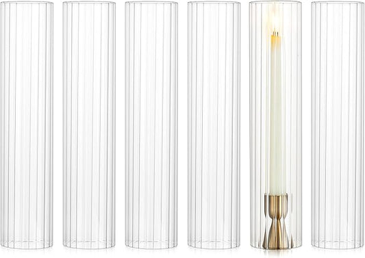 NUPTIO Hurricane Candle Holder Fluted: 2.5 x 12 inches Ribbed Glass Shade for Candlestick - Bulk Decorative Bottomless Cylinder Taper Candle Cover for Outdoor Table Centerpiece