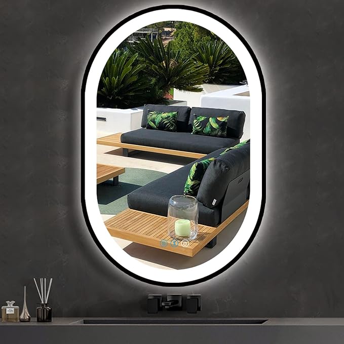 36 x 24 Inch Black Oval LED Mirror for Bathroom Salon Wall Horizontal/Vertical Mounted 36 Inch Black Frame Oval Lighted Mirror with Lights Smart Memory 3 Color Dimmable Front Lights Antifog