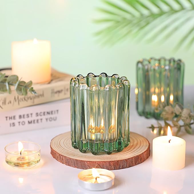 Glass Green Votive Candle Holder, Ribbed Votive Candle Holders Set of 12, Tealight Candle Holder for Wedding Centerpieces Dinner Party Table Decor