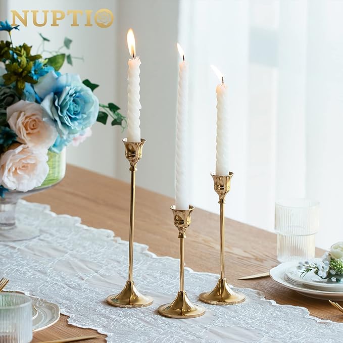 2 Sets(6 Pcs) Brass Gold Metal Taper Candle Holders Candlestick Holders, Vintage Modern Decorative Centerpiece Candlestick Holders for Table Mantel Wedding Housewarming Gift