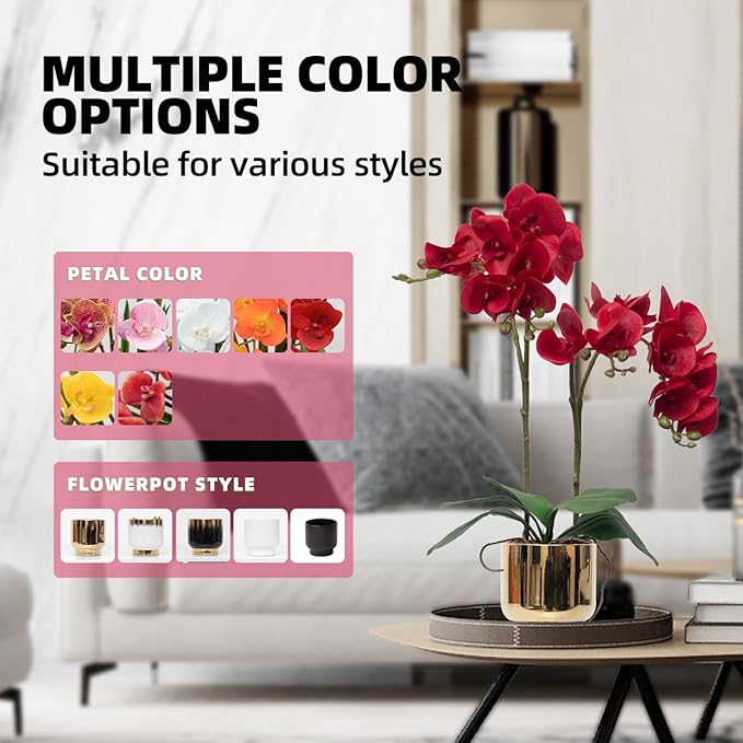 CXGS Orchids Artificial Flowers Real Touch Fake Flowers in Ceramic Pot 20" Red Faux Orchid Plant Lifelike Silk Phalaenopsis for Centerpiece Hotel Home Indoor Decor
