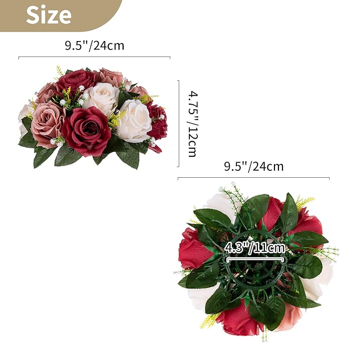 Nuptio Artificial Flower Centrepieces for Tables - 6 Pcs Burgundy & Dusty Rose & Creamy White Fake Flowers Roses Balls 9.5in Diam - Silk Faux Rose Arrangement for Wedding Party Centerpiece Table Decor