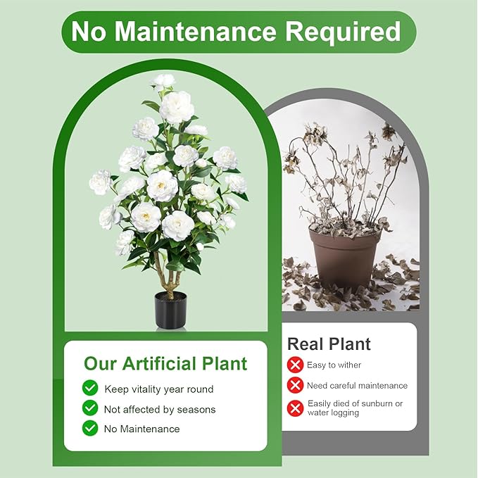 Faux Outdoor Plants 2 Pcs - 39’’ Artificial Camellia Tree Potted with White Flowers, Artificial Plants Outdoor Porch Front Door Garden Indoor Office Home Wedding Decor Housewarming Gift