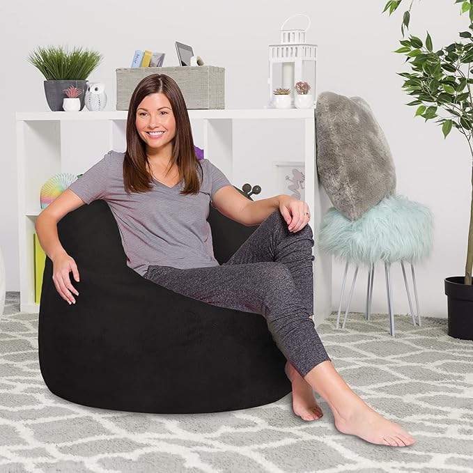 Posh Creations Bean Bag Chair for Kids, Teens, and Adults Includes Removable and Machine Washable Cover, Soft Faux Rabbit Fur - Black, 48in - X-Large