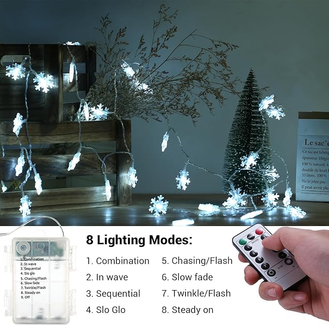 BrizLabs White Snowflake Christmas String Lights, 16.08ft 40 LED Christmas Lights with Remote, Snowflake String Light Battery Operated, 8 Modes Xmas Tree Light Waterproof for Outdoor Indoor Decoration