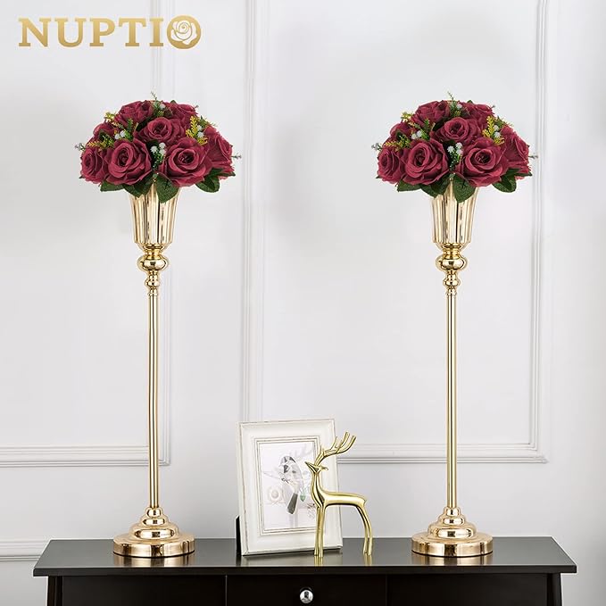 NUPTIO Flower Ball Arrangement Bouquet - 2 Pcs 9.5 inch Diameter Crimson Fake Flowers Roses Balls for Centerpieces Tables - Artificial Rose Arrangements for Wedding Centerpiece Table Decorations