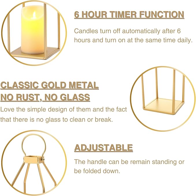 Perfnique Modern Farmhouse Lantern Decor, 15'' 12.6'' Set of 2 Gold Metal Lanterns, 2 LED 6hr Timer Flickering Flameless Candles, Lanterns Decorative for Outdoor, Porch, Fireplace, Patio