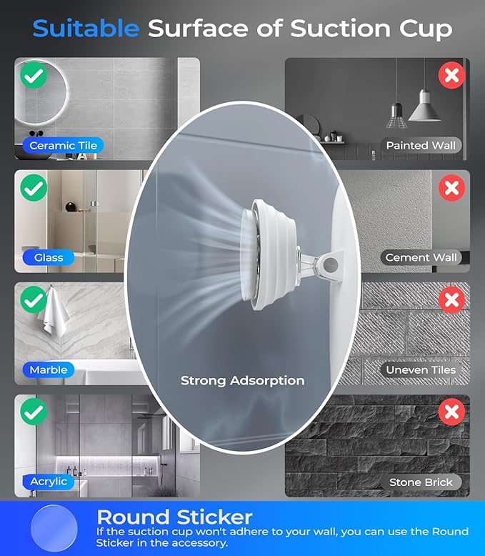 Gospire Heated Shower Mirror Fogless for Shaving with Light, 5000mAh Rechargeable Battery, Detachable Suction Cup and Razor Holder for Wall, NO-Drilling, Removable, Waterproof for Bathroom - White