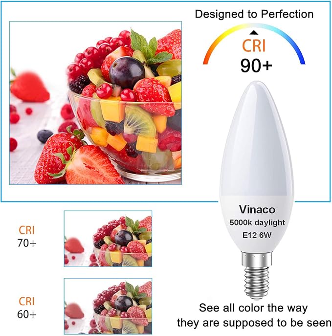 Vinaco E12 LED Bulb, 6 Pack E12 Candelabra Bulb 60 Watt Daylight White 5000K, High Brightness 600LM & 25000+ Long Lifespan E12 Bulb, E12 Candelabra Base, Light Bulb for Ceiling Fan Light Bulb…