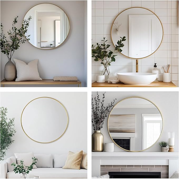 Gold Round Mirror 30 inch, Gold Round Mirror, Large Circle Mirrors Metal Frame, Circular Wall Mirrors for Bathroom, Living Room, Dining Room, Entryway.