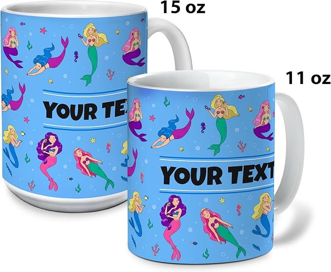Personalized Mug for Kids - Mermaids - Custom Name/Text, Ceramic Hot Chocolate/Cocoa/Coffee Cup for Girls, Birthday/Christmas/Holiday Gift - 11 oz, Navy Blue Handle