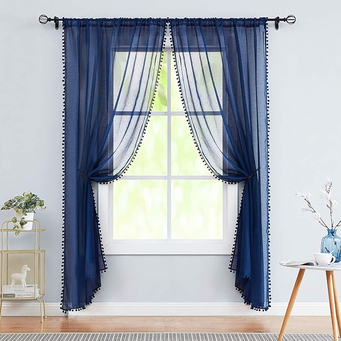 Treatmentex Pompom Sheer Window Curtains for Boy's Bedroom Guest Room Navy Blue Slub Textured Sheer Drapes for Window Office 108" Length, 52" w x 2 Pack Rod Pocket
