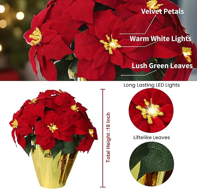 2 Pack 18" Lighted Large Artificial Poinsettias for Outdoors LED Poinsettia Flowers Artificial Faux Poinsettia Plants Poinsettia Christmas Decorations for Office Home Kitchen Decor