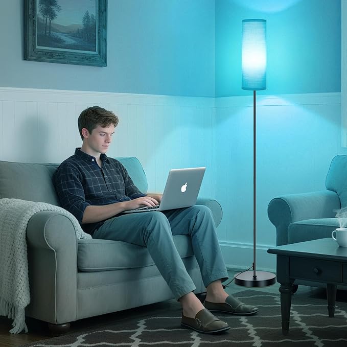 FRIDEKO HOME Floor Lamp with Turquoise Shade, Simple Design with Foot Pedal Switch, Small Tall Lamps for Living Room Bedroom, Corner Floor Stand Light with Black Pole Lamp (No Remote/No Bulb)