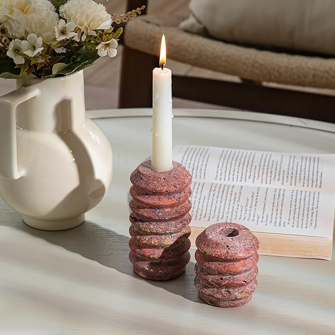 WORHE Candle Holders Italy True Natural Travertine Stone 0.4" Thick Set of 2 Marble Candlestick Holder for Christmas Wedding Dinning Party for 3/4 inch Candles Color Red (WH025)