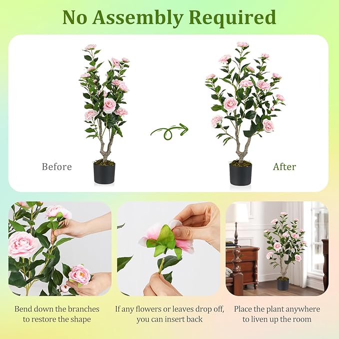 GOFLAME 3FT Artificial Camellia Tree, 2 Pack Faux Camellia Plant with Pink Flowers, Solid Wood Trunk, Realistic Moss, Greenery Potted Decoration Tree for Indoor Outdoor Home Porch Front Door