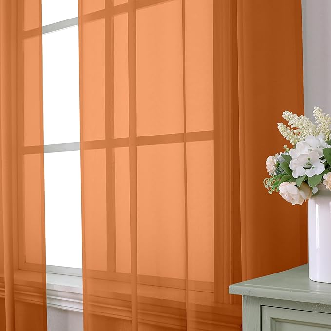 Aiyufeng Orange Sheer Curtains 63 Inch Length 2 Panels Set, Light Filtering Airy Rod Pocket Orange Window Curtain Treatment Drapes for Kitchen Bedroom Living, Each 40Wx63L Inches