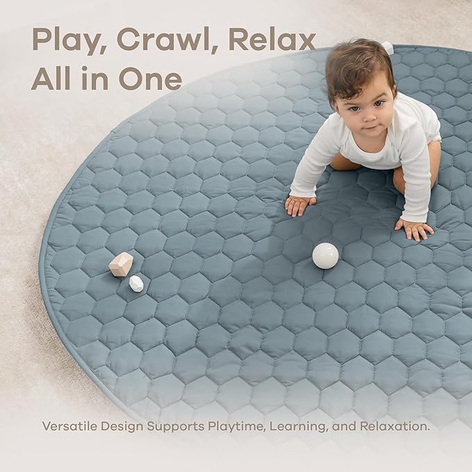 Comfy Cubs Round Kids Play Mat - Large 60 inches Soft Quilted Baby Floor Mat with Non-Slip Bottom - Plush Design for Toddlers' Playtime and Relaxation - Comfortable and Durable - Pacific Blue