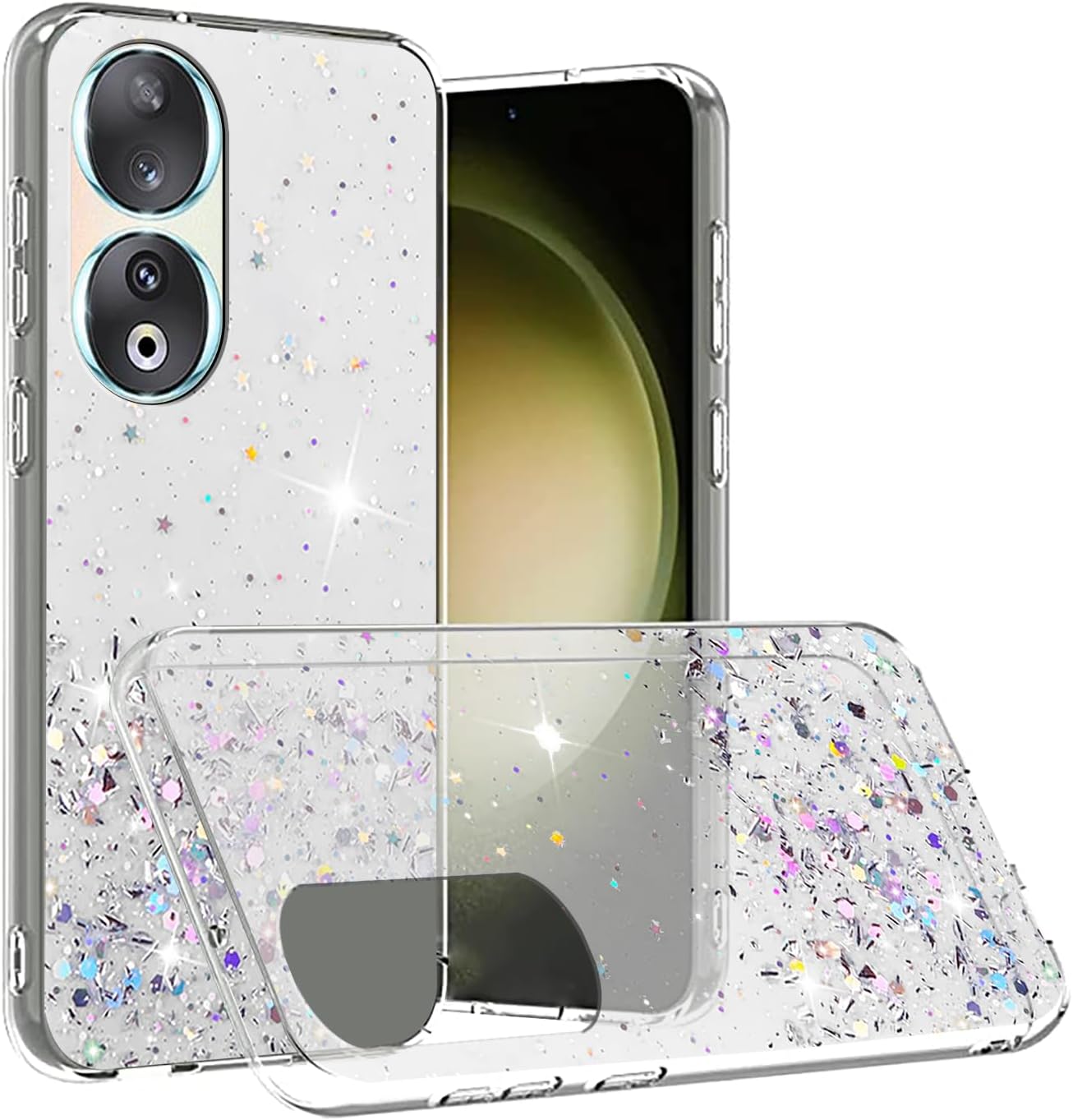 Honor 90 Case - Glitter Clear Pink, Soft TPU Silicone, Shockproof Protective Slim Cover for Women & Girls.