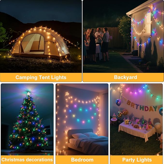 Moobibear Camping String Lights, Quick Storage, 33FT/100LED RGB Rechargeable Tent Lights String with USB 8 Lighting Modes, Hanging Waterproof Portable LED Lamp for for Camping Essentials, Yard, Party