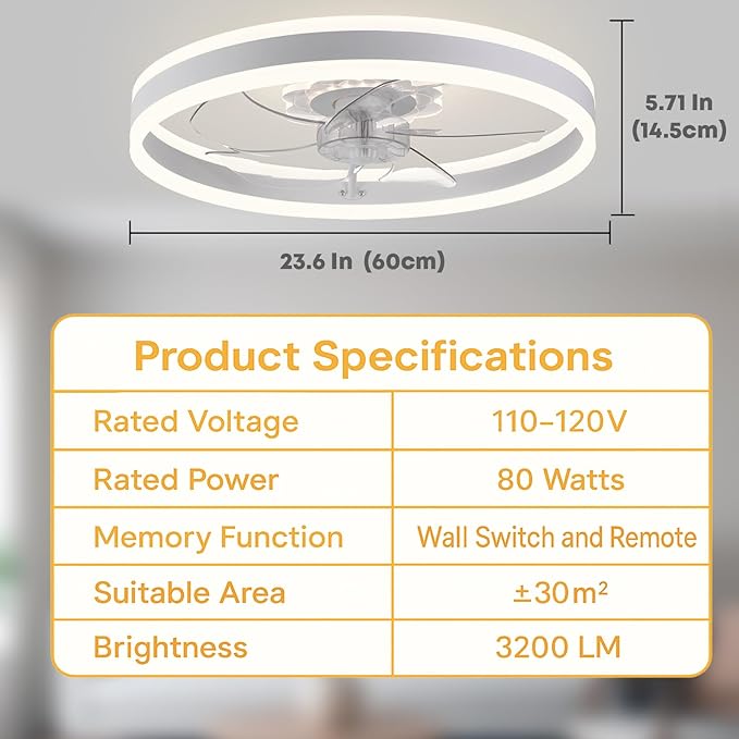 23.6'' Ceiling Fan with Light, Upgraded Low Profile Fan, Flush Mount Ceiling Fan, 6 Speeds, Dimmable LED, App & Remote Control, Quiet DC Motor, for Bedroom, Living Room, F105 White