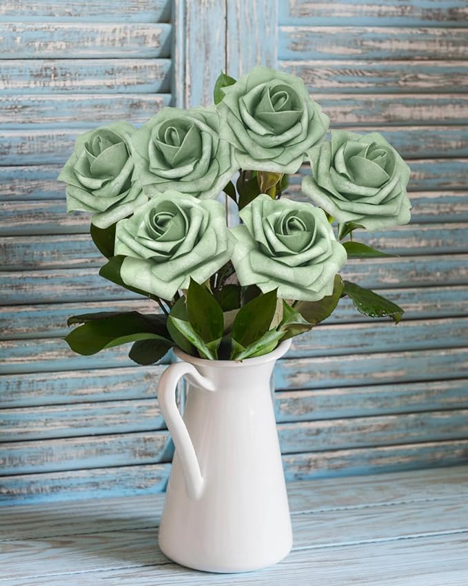 JOYLEX 50PCS Elf Green Artificial Flowers Realistic Roses, Real Looking Fake Roses with Stem for DIY Wedding Bouquets Centerpieces Bridal Shower Party Home Romantic Decorations (Elf Green, 50pcs)