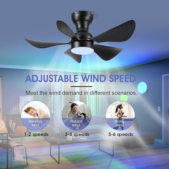 Ceiling Fans with Lights and Remote/APP Control, 30 inch Low Profile Ceiling Fans with Dimmable White Colors and RGB Lighting, 6 Speeds 5 Curved Blades for Kids Room Bedroom Bar, Black