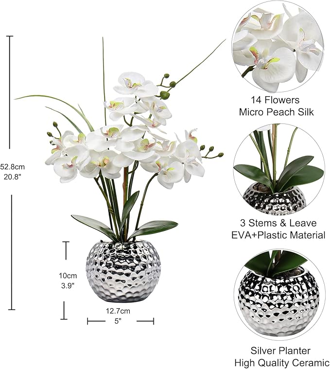 Orchids Artificial Flowers 20.8'' Faux Orchid Flower Arrangement Fake Orchid White Flower with Silver Ceramic Vase Phalaenopsis Orchid for Home Office Bathroom Table Centerpieces Decor, Briful