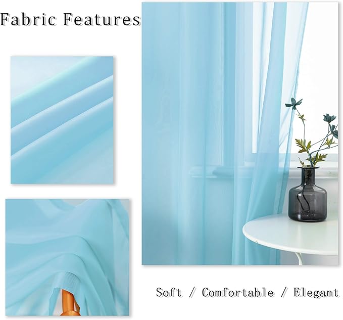 DUALIFE Sky Blue Sheer Curtains 63 Inches Length Look Semi Transparent Natural Light Flow Grommet Curtains for Bedroom and Living Room, 52 x 63 Inches, Set of 2 Panels Light Baby Blue