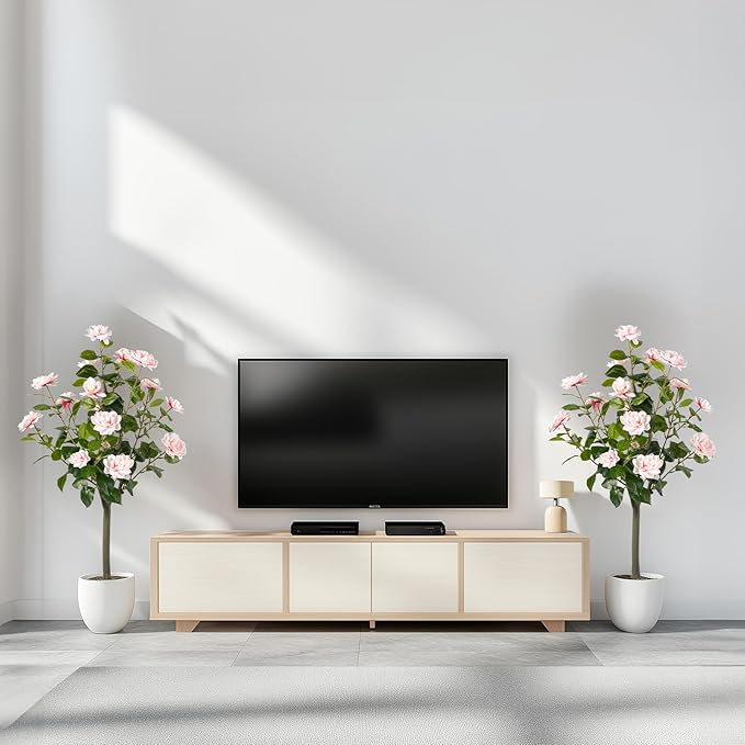 Artificial Camellia Tree 2 Pack, Artificial Plants Outdoor Faux Floral Plant in Cement Pot Fake Silk Camellia Tree Plants for Home House Living Room Office Decor