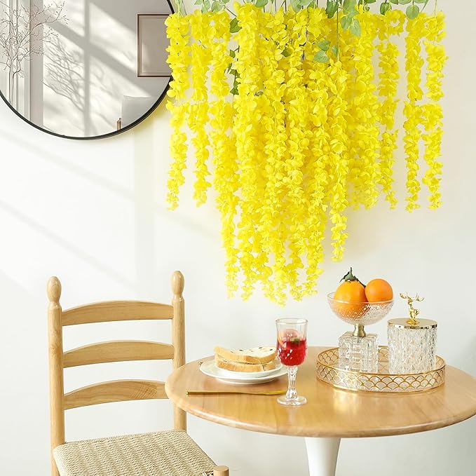 mizii 6Pcs Yellow Wisteria Hanging Flowers 48" Silk Wisteria Artificial Flowers Garland Vines Fake Hanging Flowers Decoration for Wedding Flower Wall Backdrop Centerpieces Party Room Decor (Yellow)