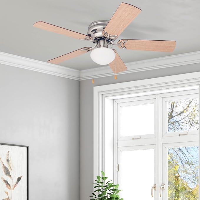 Prominence Home Alvina, 42 Inch Traditional Flush Mount Indoor LED Ceiling Fan with Light, Pull Chain, Dual Finish Blades, Reversible Motor - 80029-01 (Brushed Nickel)
