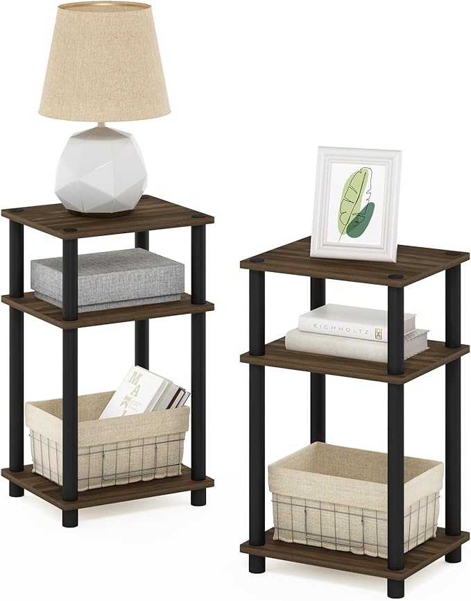 Furinno JUST Night Stand Set of 2, 3-Tier Turn-N-Tube Nightstand, Toolless Bedside Tables, End Table, Side Table with Open Storage for Bedroom, Living Room, Bathroom, Columbia Walnut