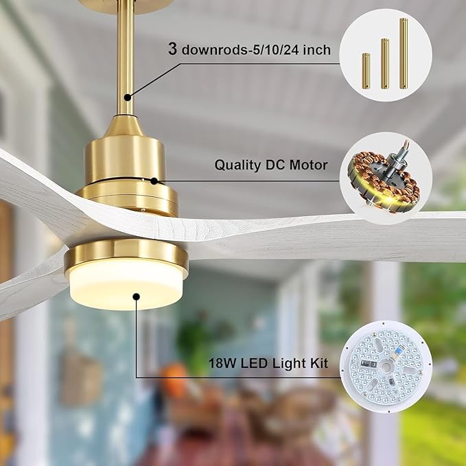 Sofucor Ceiling Fans with Lights and Remote, 52 Inch Low Profile Indoor/Outdoor Ceiling Fan with Light, Reversible DC Motor, 6 Speeds, Solid Wood 3 Blades Ceiling Fans for Bedroom Living Room Patio