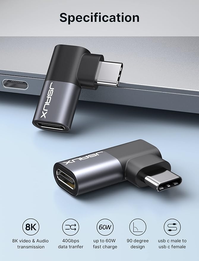 JSAUX 90 Degree USB C Male to Female Adapter 2-Pack, 40Gbps Data Transfer PD 100W Type C 3.1 Extender for Switch 2, Switch OLED, ROG Ally, Steam Deck, VR, MacBook, iPad, iPhone Air/17/16/15 and More