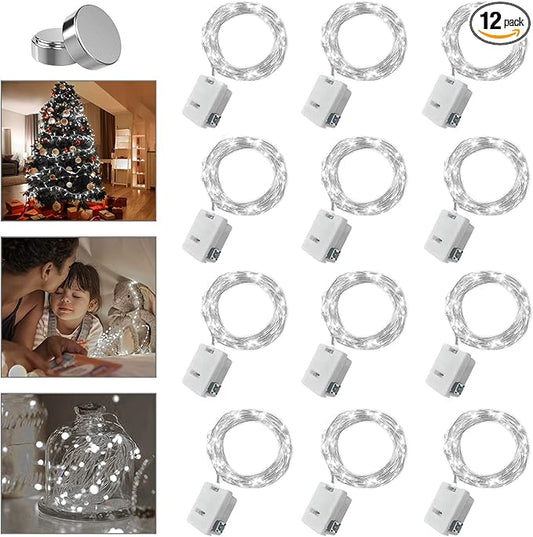12 Pack Valentine's Day Fairy Lights Battery Operated, 3 Speed Modes, Extra 12 Batteries for Replacement, 7Ft 20 LED Mini String Light, Waterproof Silver Wire, Twinkle Firefly Lights, White
